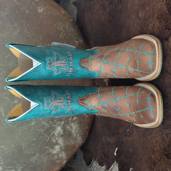 TIN HAUL "Barb'd Wire" turquoise & brown leather square toe cowgirl boot… - Picture 9 of 16